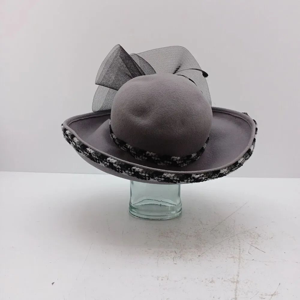 Fascinator Headpiece Hat Wedding Fashion Cap W/ Feathers and netting 100% Wool